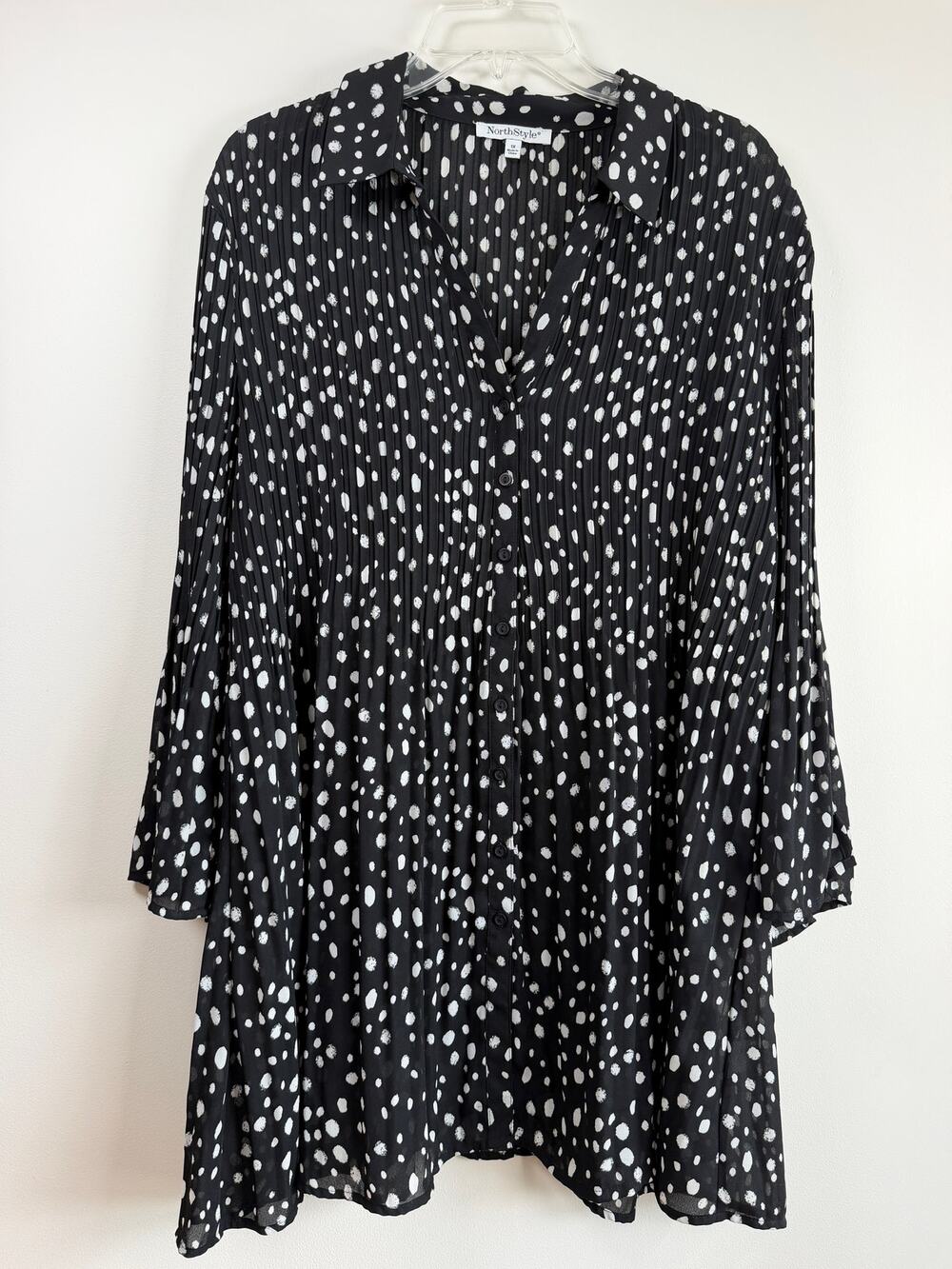 NorthStyle Polka Dot Pleated Button Front Sheer Tunic Blouse Plus Black White 1X
